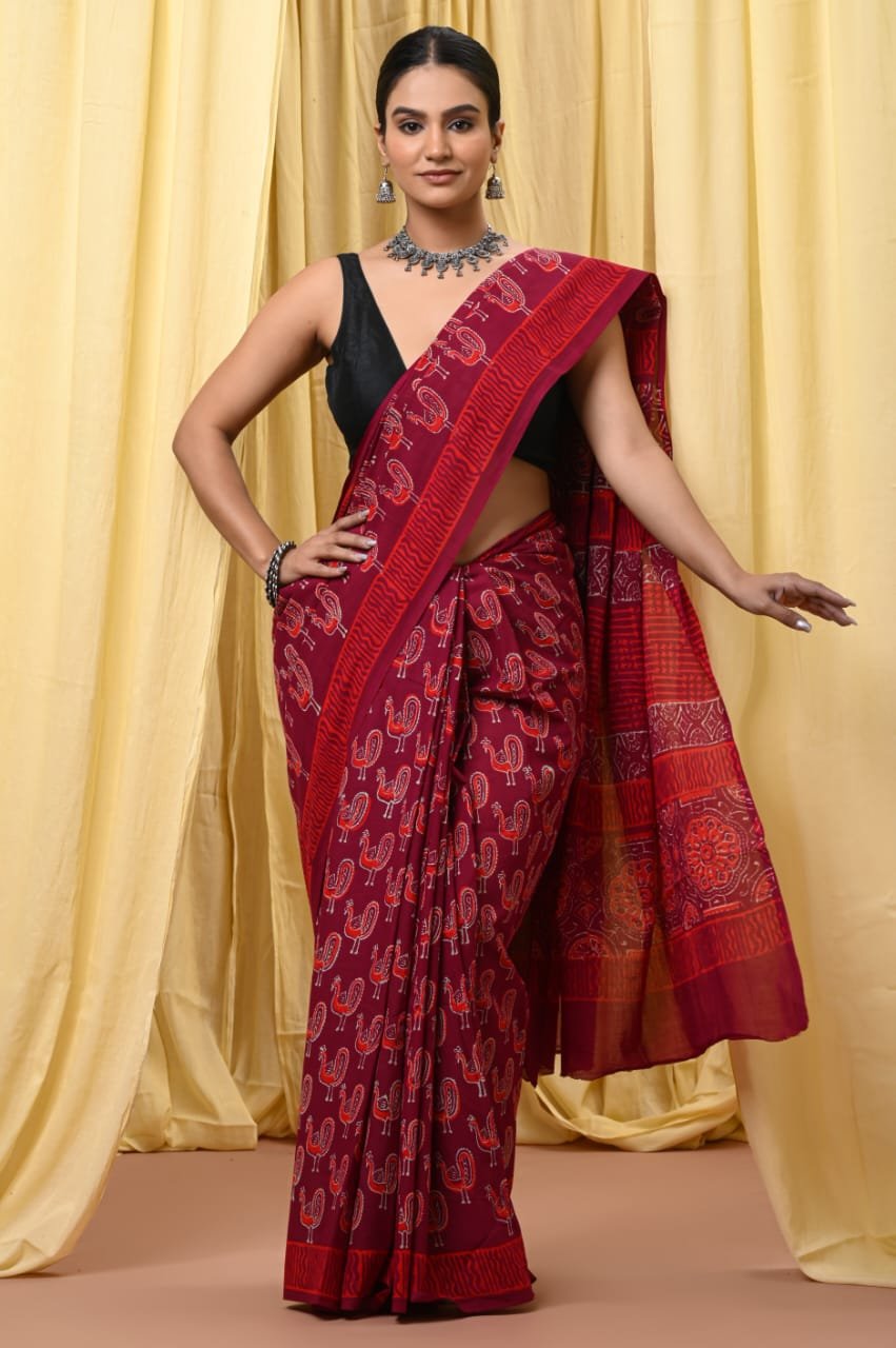 Hand Block Printed Cotton Mul Sarees Red image 3