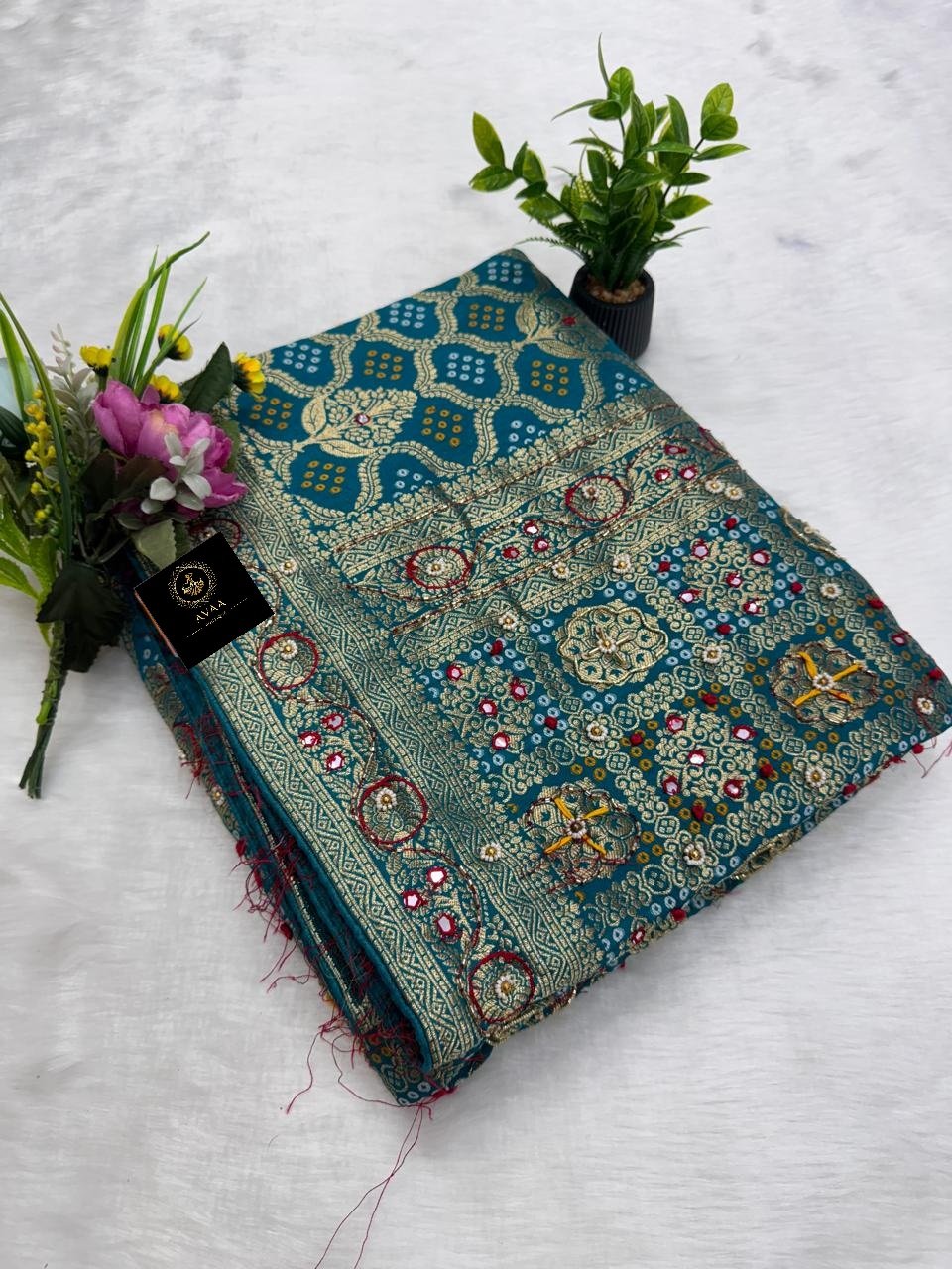 Pure Khaddi Georgette Bandhani Saree with Handwork