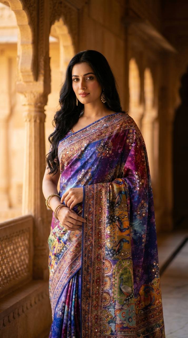Designer Digital Printed Saree with Real Mirror with Hand Embroidery Work