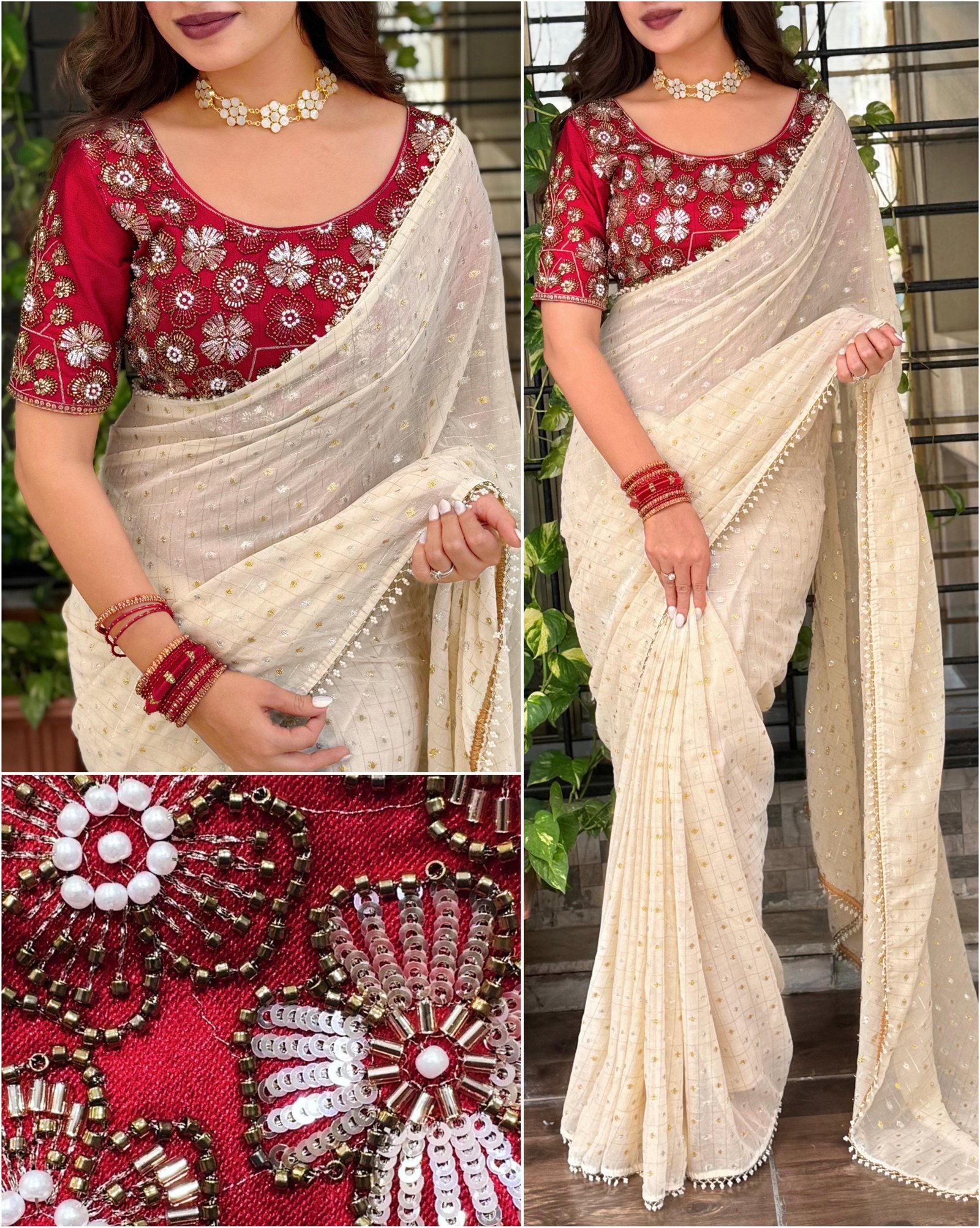 Georgette saree with Gadhwal silk embroidered blouse