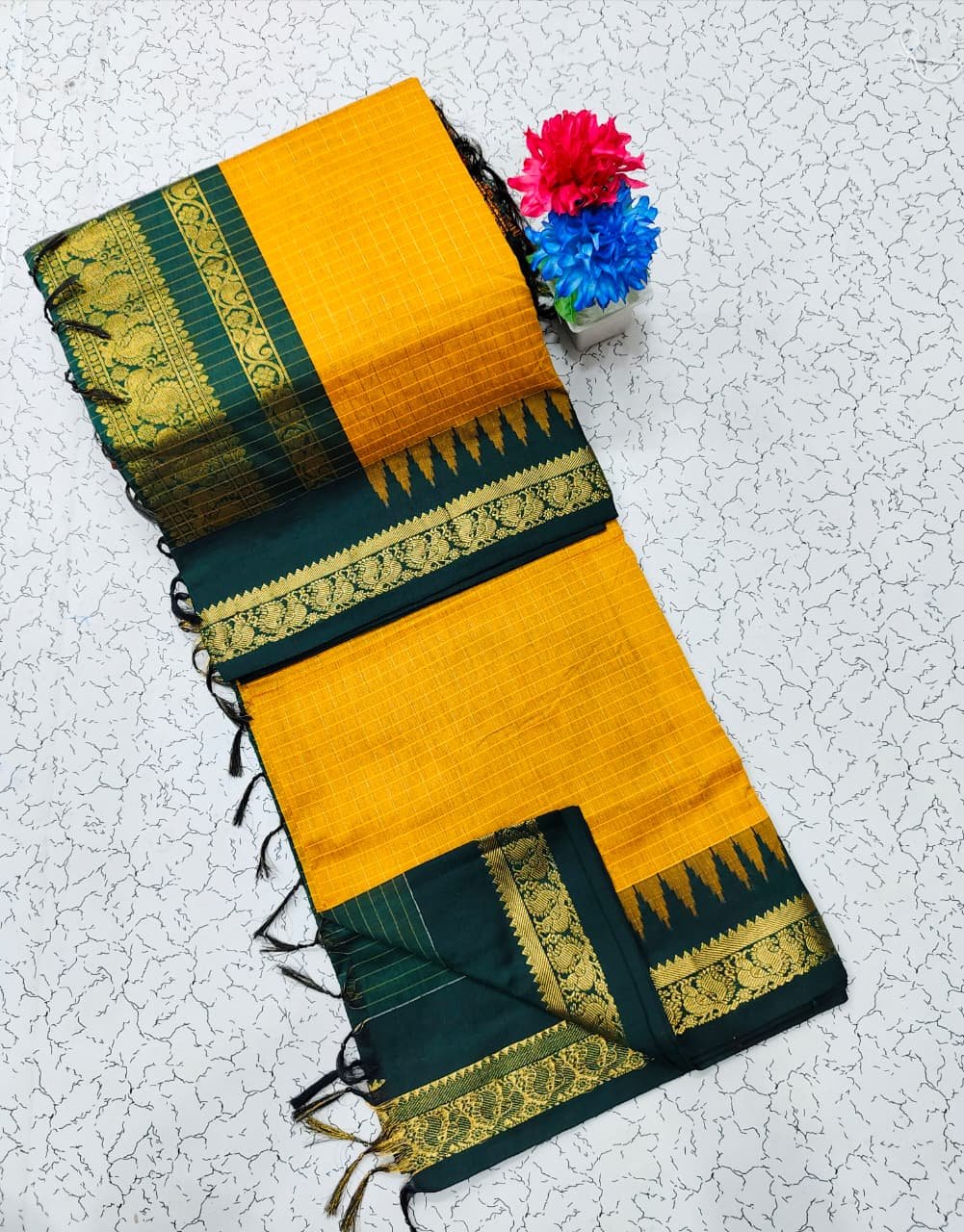 Kalyani Cotton Checks Saree Temple Border image 4