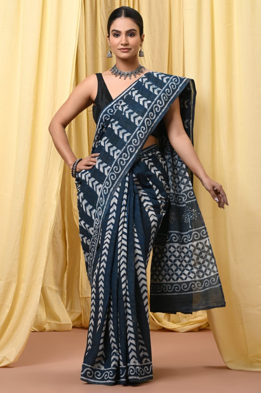 Hand Block Printed Cotton Mul Sarees Indigo Blue image 2