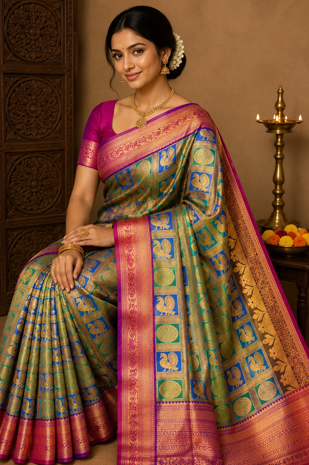 Peacock Tone Semi Silk Sarees image 3