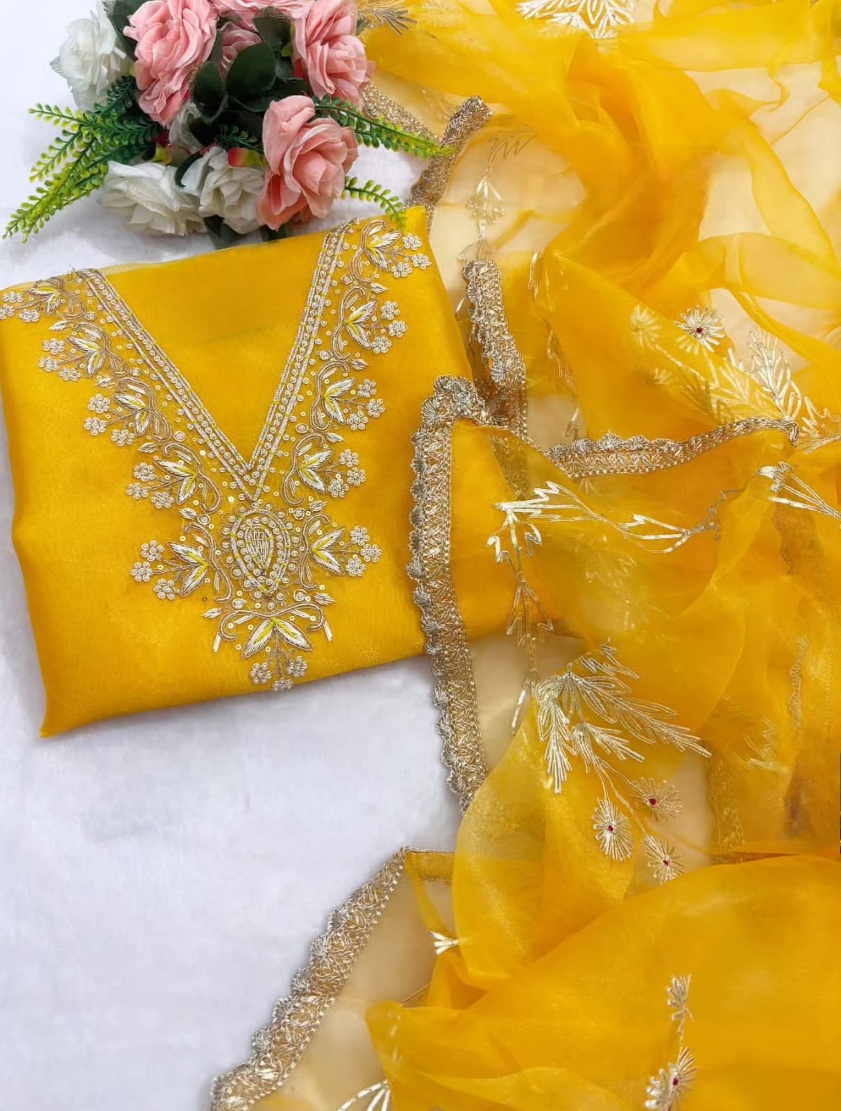 V-Neck Organza with Zardogi Handwork Dress Material image 3