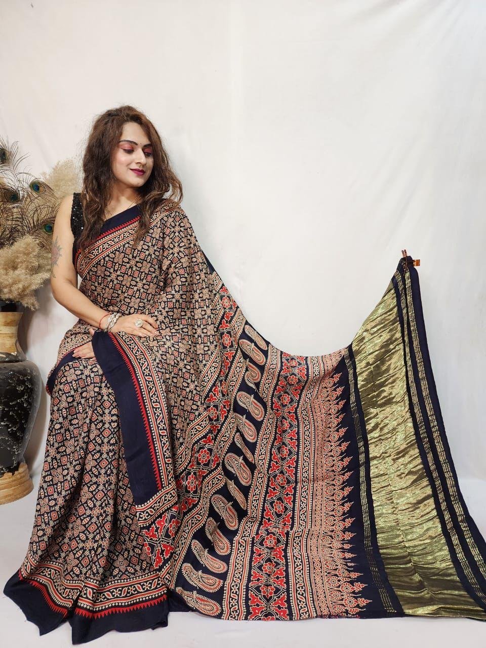 7 Pure Gajji Modal Ajrakh Saree with Lagdi patta