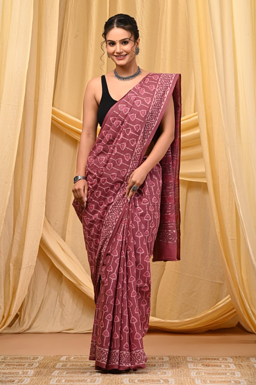 Hand Block Printed Cotton Mul Sarees Red