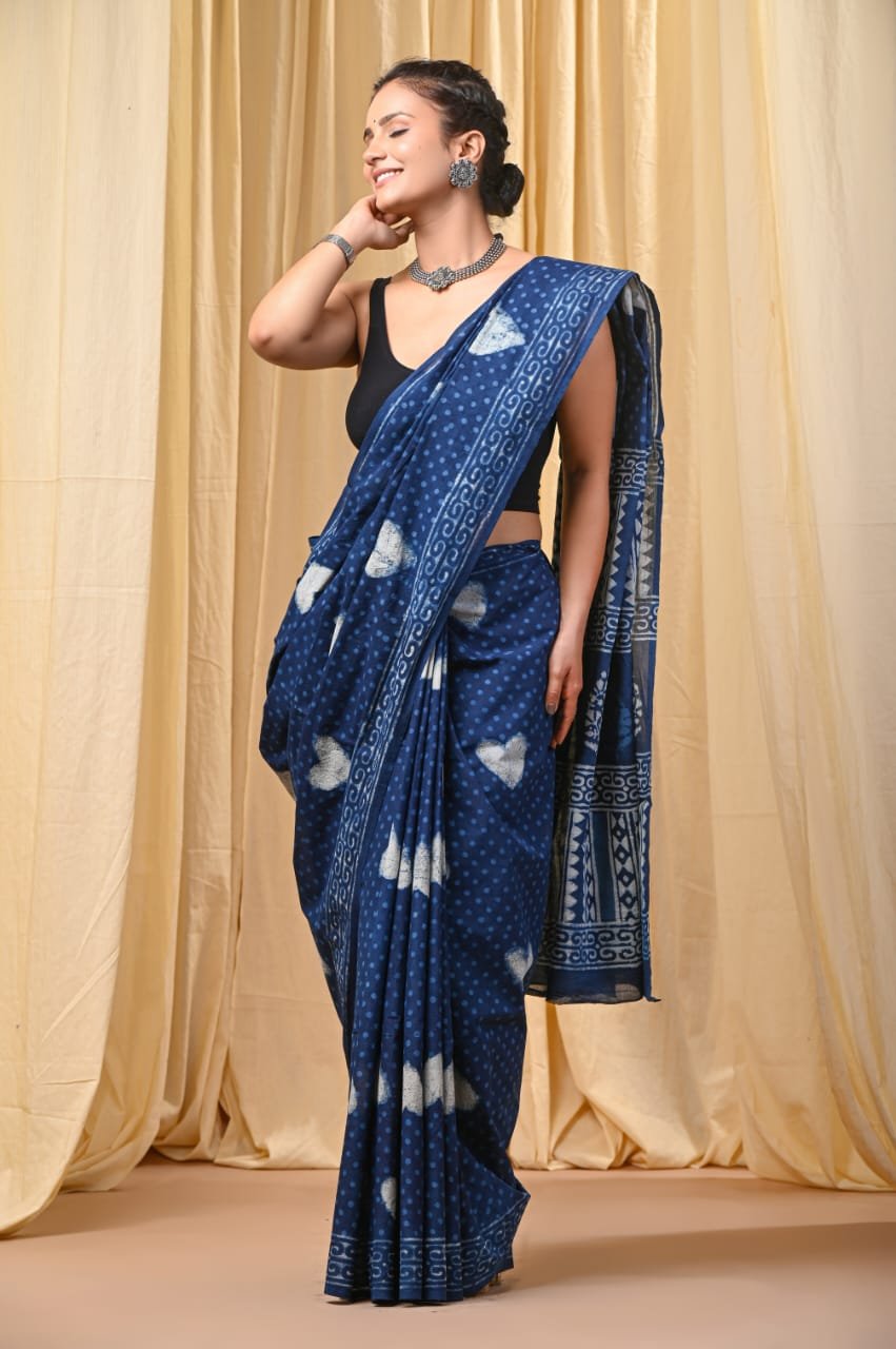 Hand Block Printed Cotton Mul Sarees Indigo Blue image 10