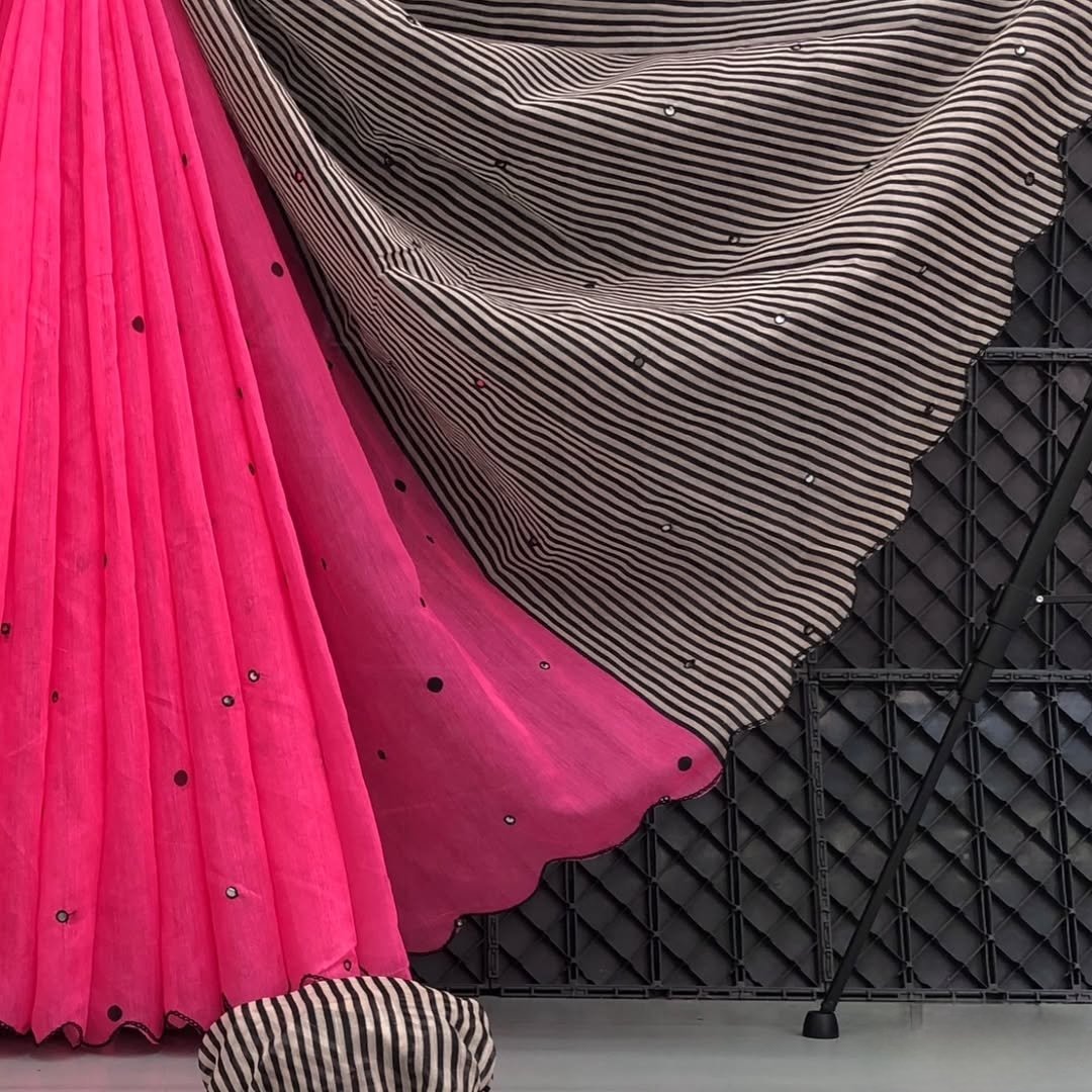 Linen Saree with Striped Pallu and Mirror Work Sarees image 11