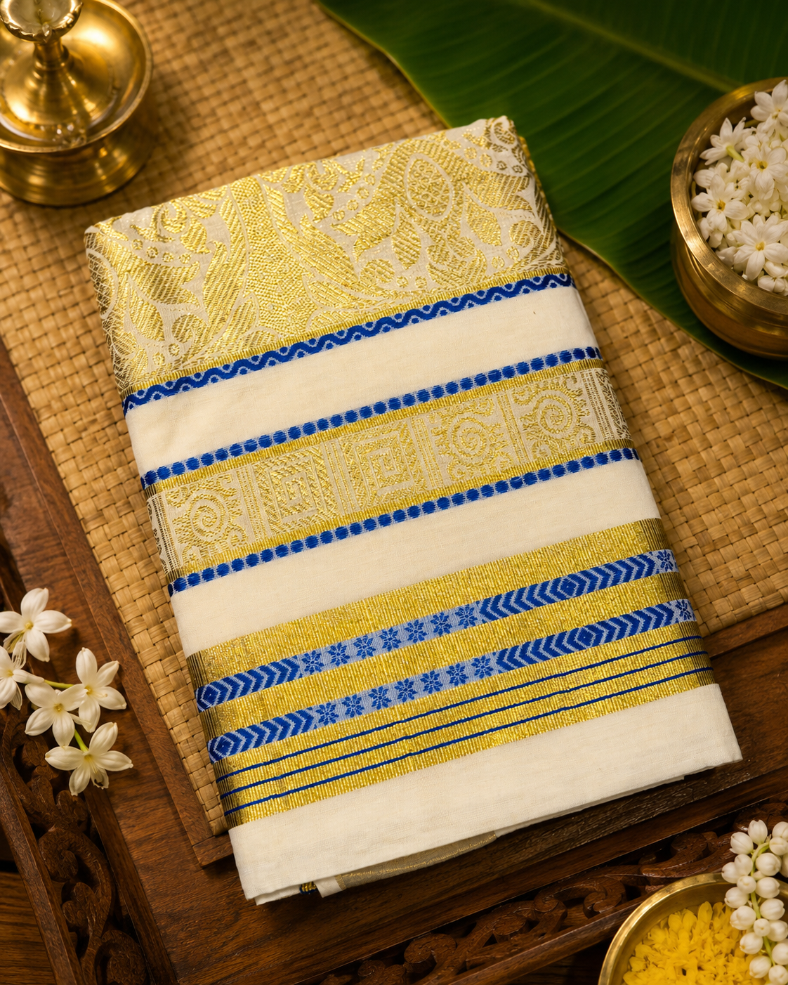 Kerala Kasavu Saree BLUE image 2