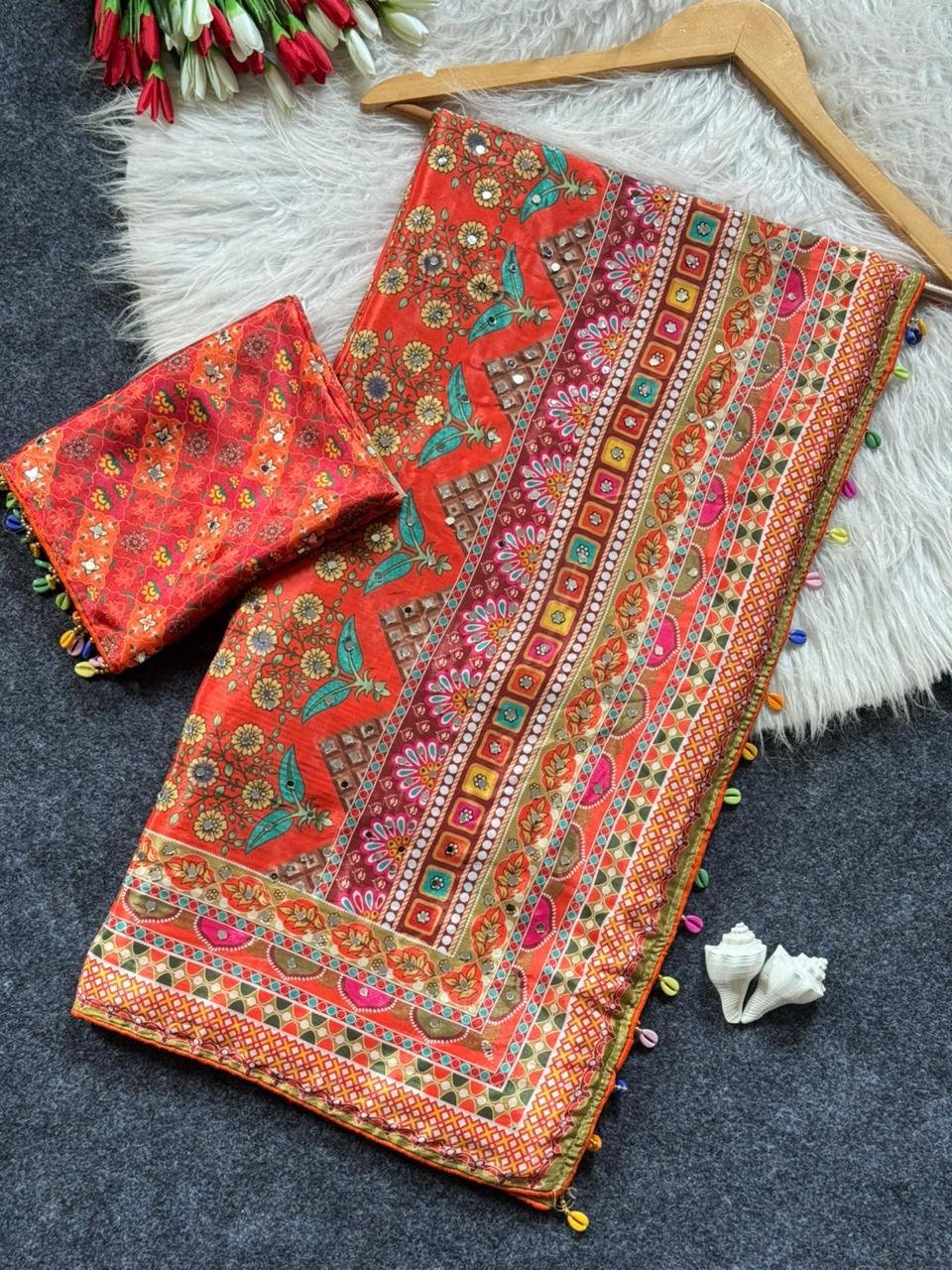 2 Roman Silk With Digital Print And All Saree Real Mirror Work