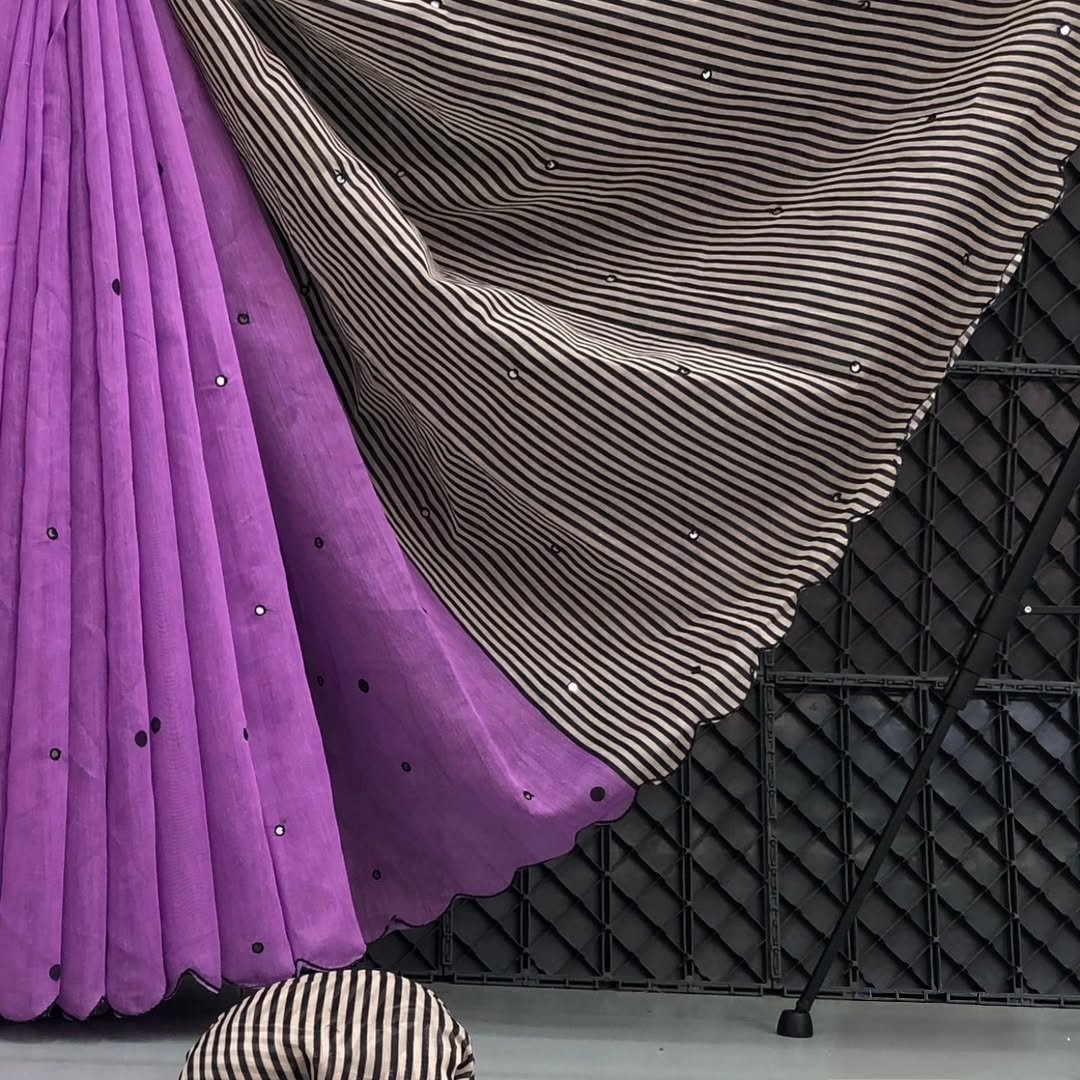 Linen Saree with Striped Pallu and Mirror Work Sarees image 7