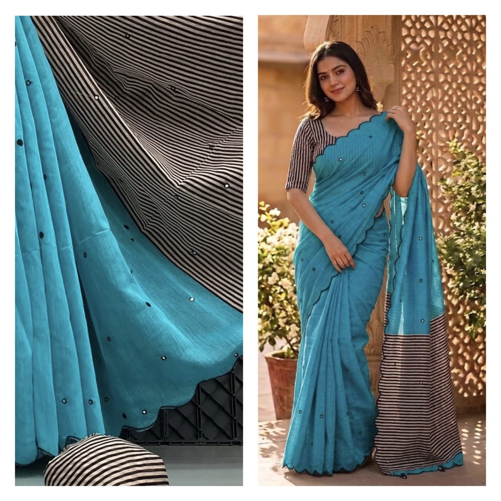 Linen Saree with Striped Pallu and Mirror Work Sarees image 17