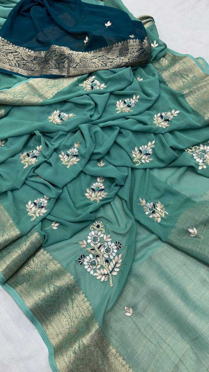 Pure Georgette Nano Zari Hand Work Saree image 5