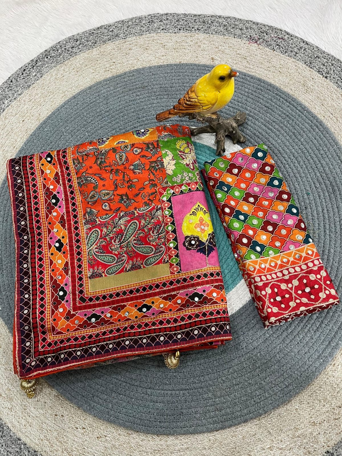 Designer Kalamkari Printed Saree with Real Mirror with Hand Embroidery Work