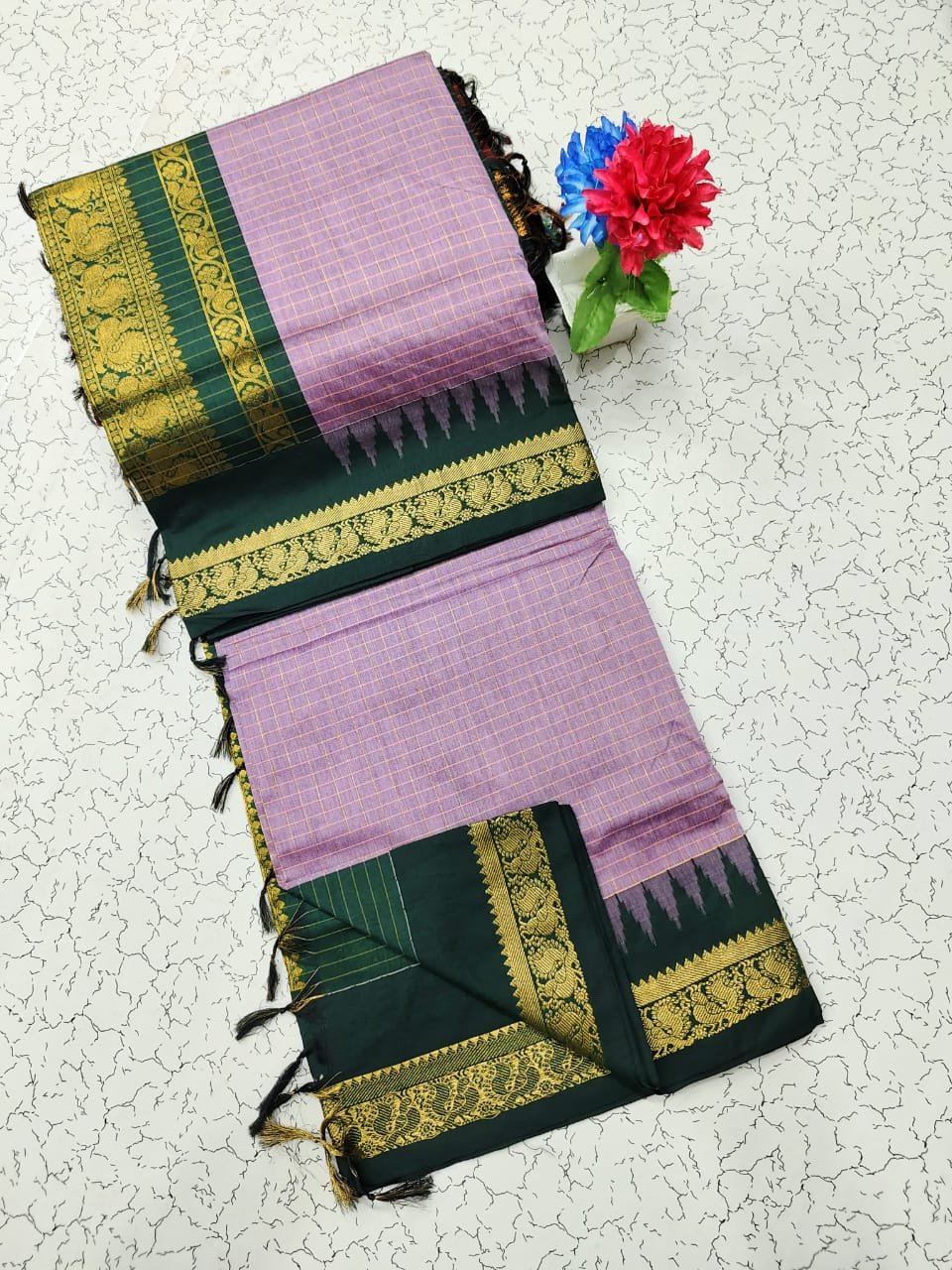 Kalyani Cotton Checks Saree Temple Border image 3