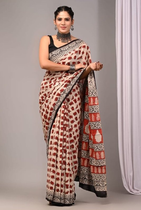Hand Block Printed Cotton Mul Sarees Red image 10