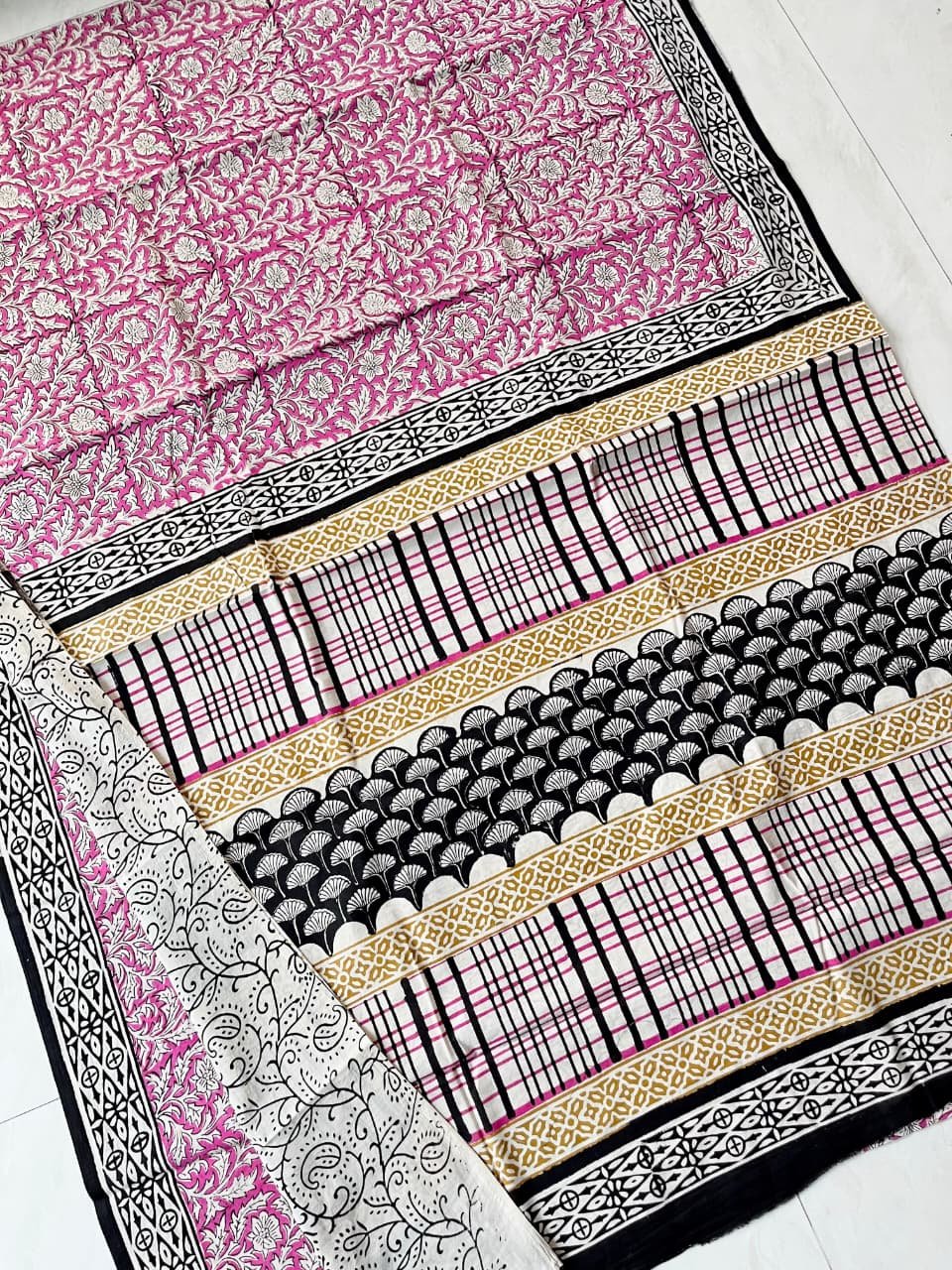 Hand block printed cotton mul Sarees Pastel image 16