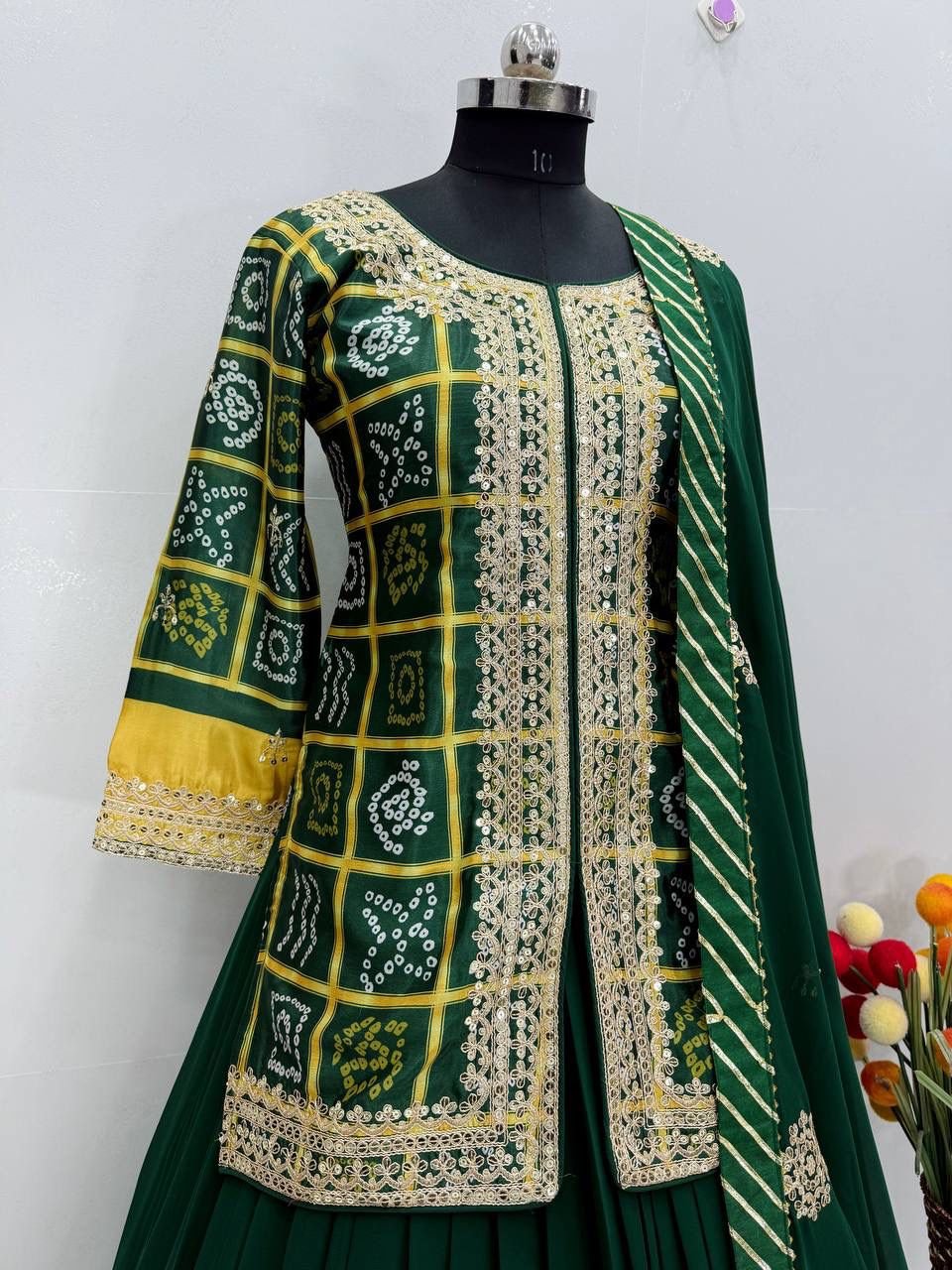 Heavy Chinon Embroidery Coding Sequence Work Top With Lehengas image 4