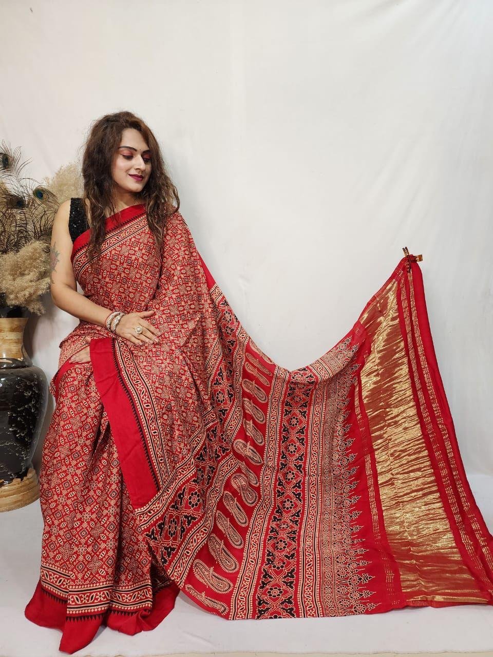 4 Pure Gajji Modal Ajrakh Saree with Lagdi patta