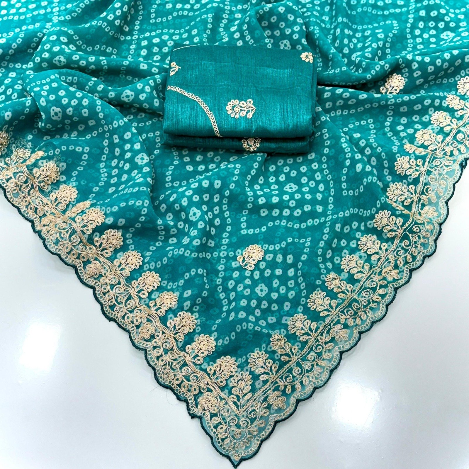Georgette Bandhani Saree with Pitta Work image 12