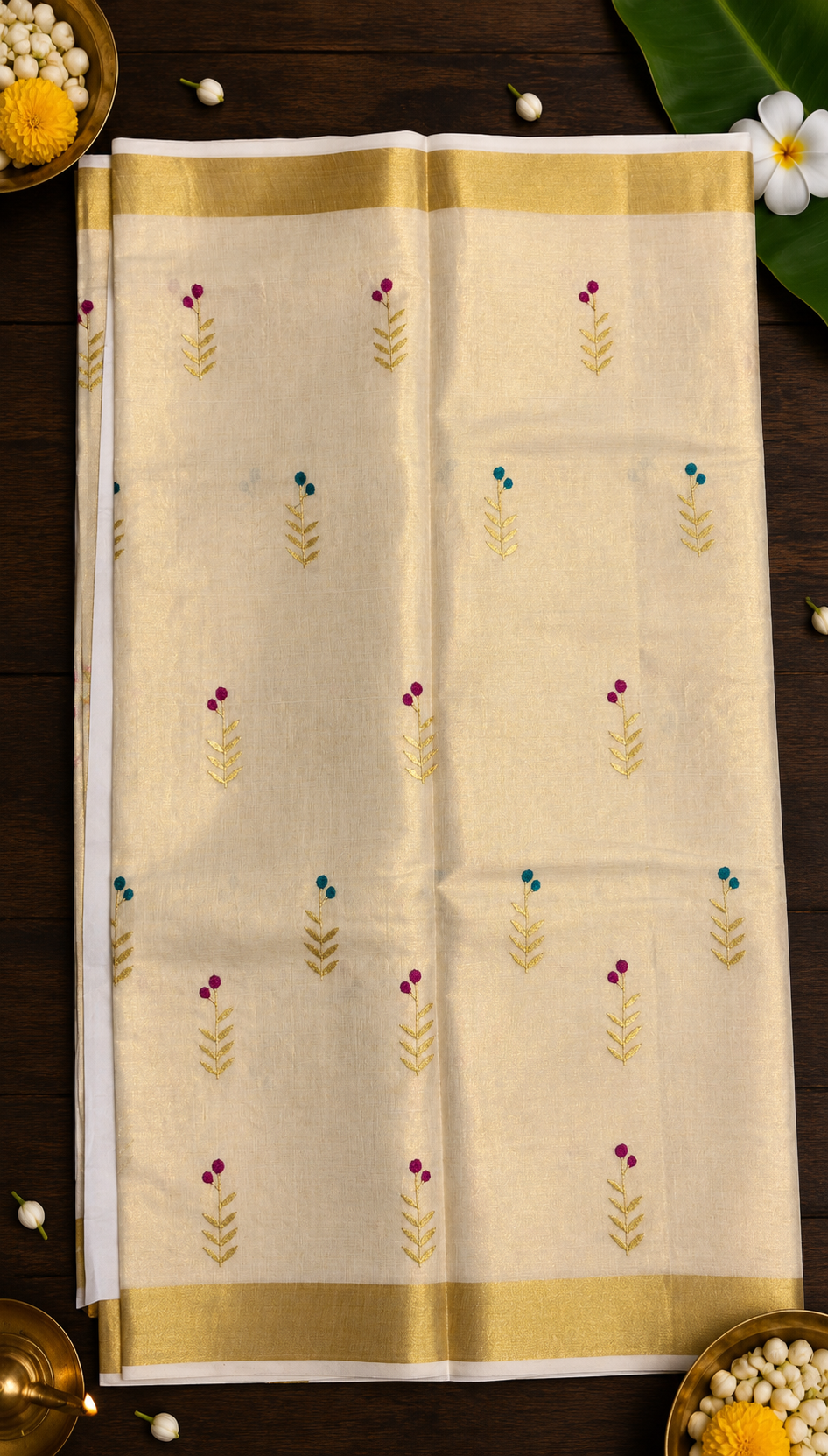 Embroidered Tissue Kasavu Saree image 2