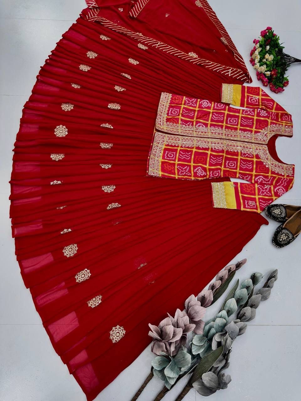 Heavy Chinon Embroidery Coding Sequence Work Top With Lehengas image 6