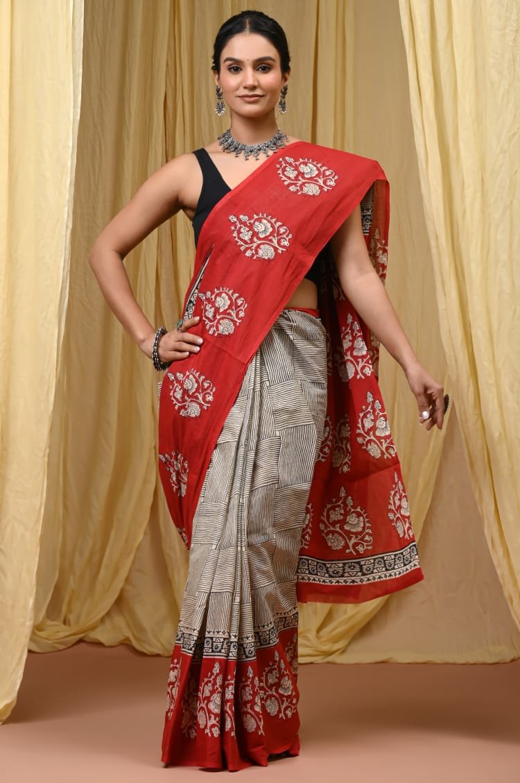 Hand Block Printed Cotton Mul Sarees Red image 11