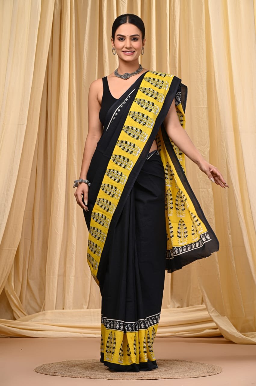 Hand Block Printed Cotton Mul Sarees Black and White image 10