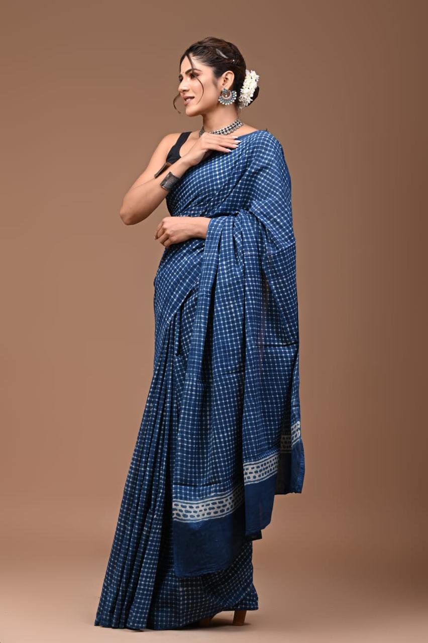 Hand Block Printed Cotton Mul Sarees Indigo Blue image 11
