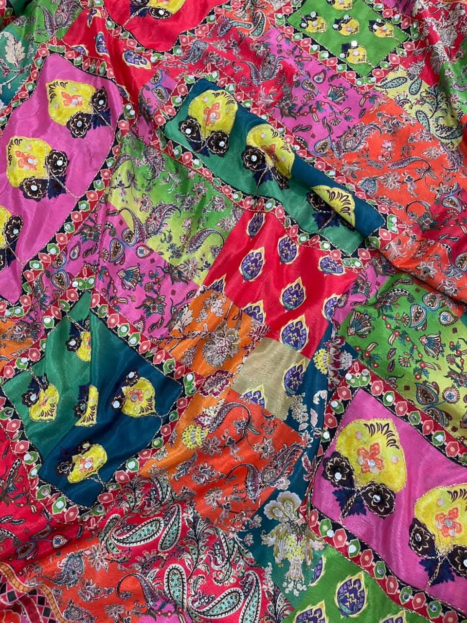 Designer Kalamkari Printed Saree with Real Mirror with Hand Embroidery Work image 3
