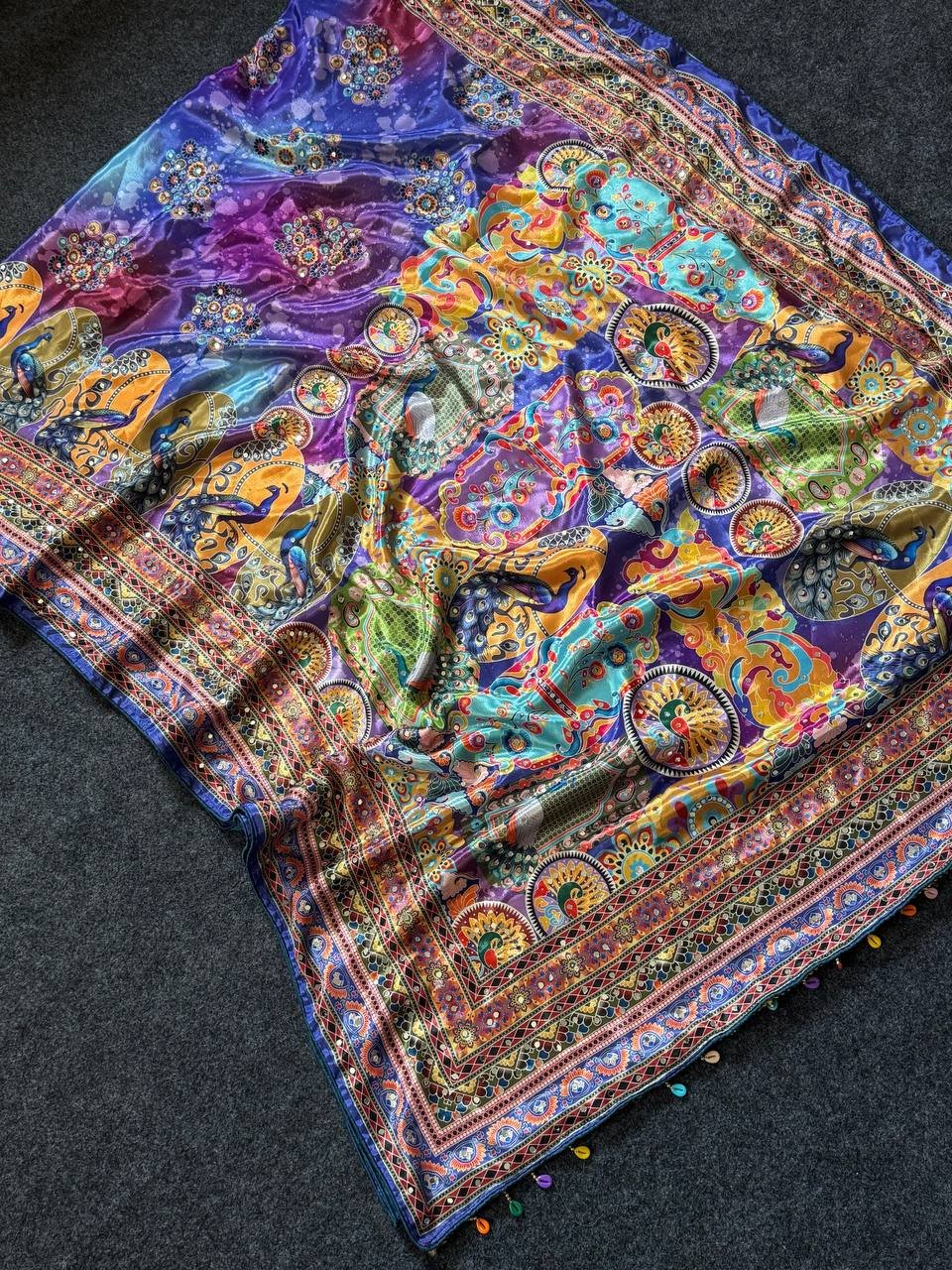 Designer Digital Printed Saree with Real Mirror with Hand Embroidery Work image 7