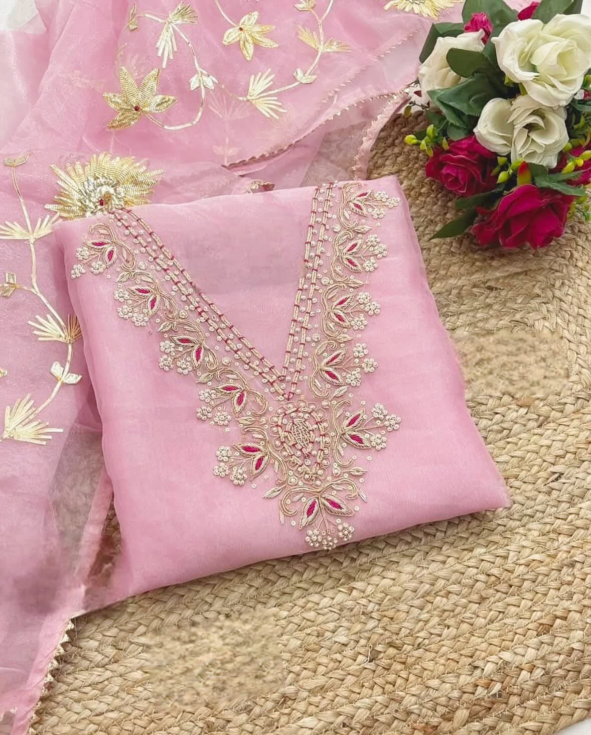 V-Neck Organza with Zardogi Handwork Dress Material image 5