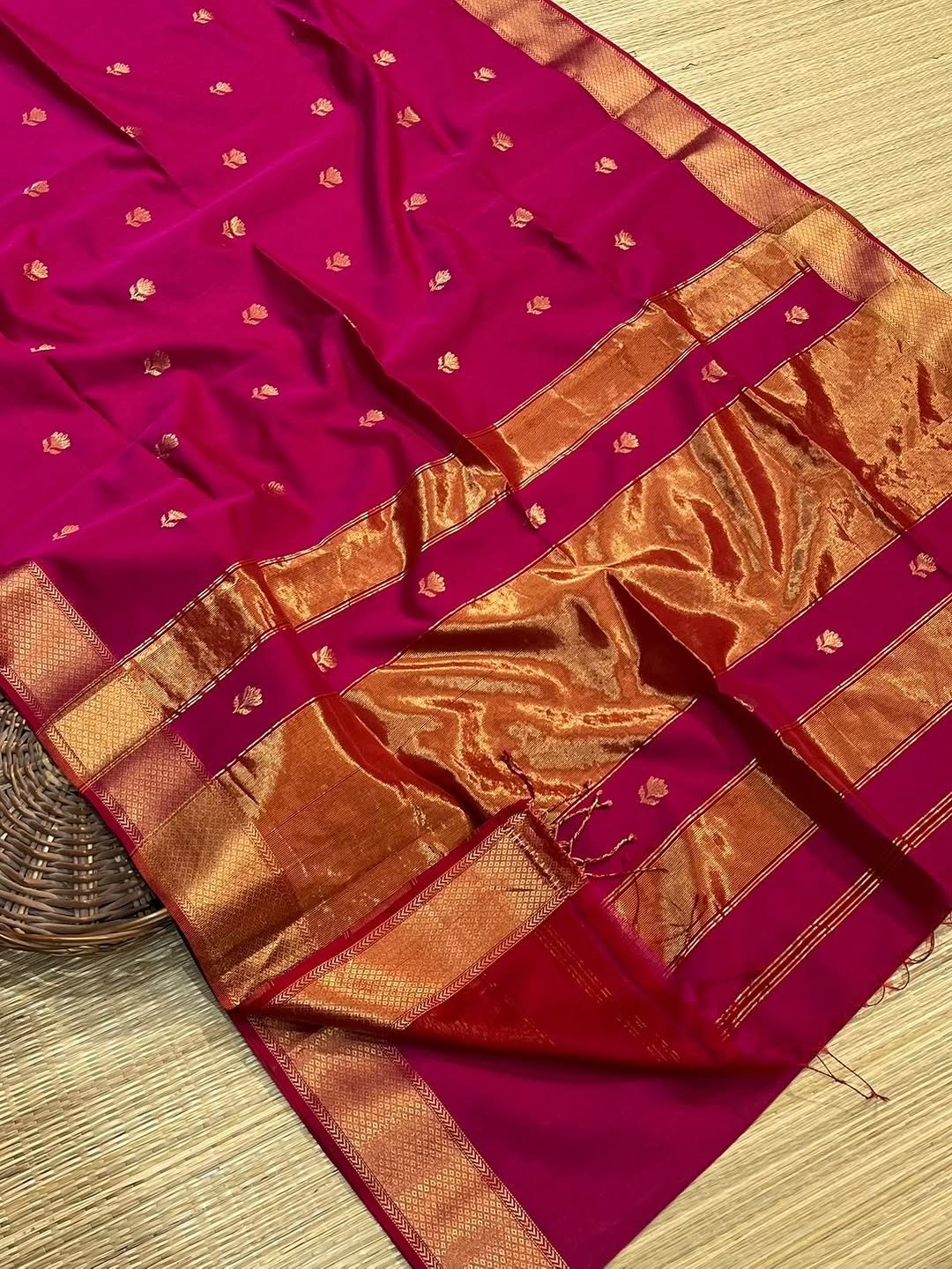 Single Color Pure Maheshwari Handloom Golden Zari Lotus Flower Design image 9
