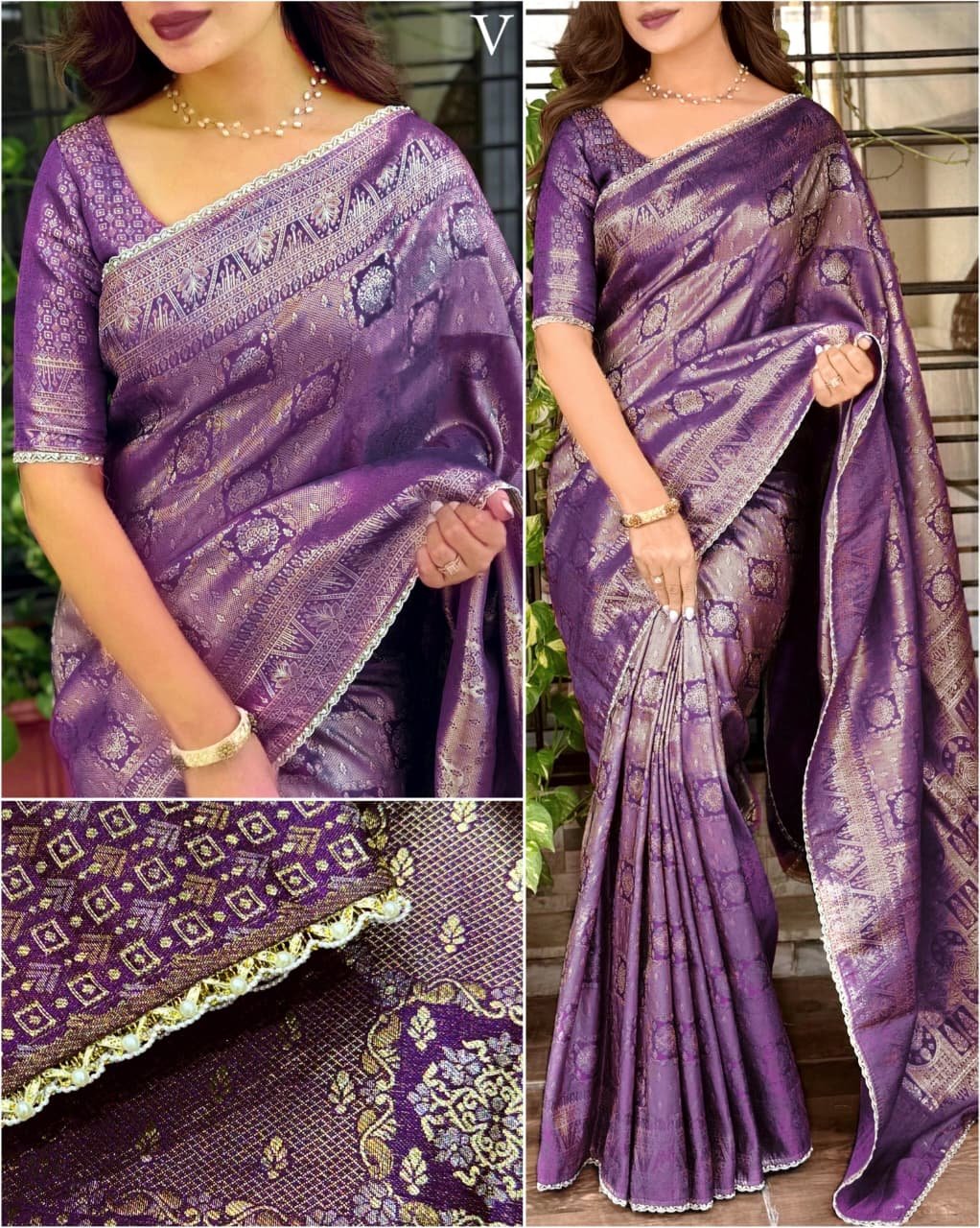Satin Jacquard Silk Saree with Pearl Border image 9