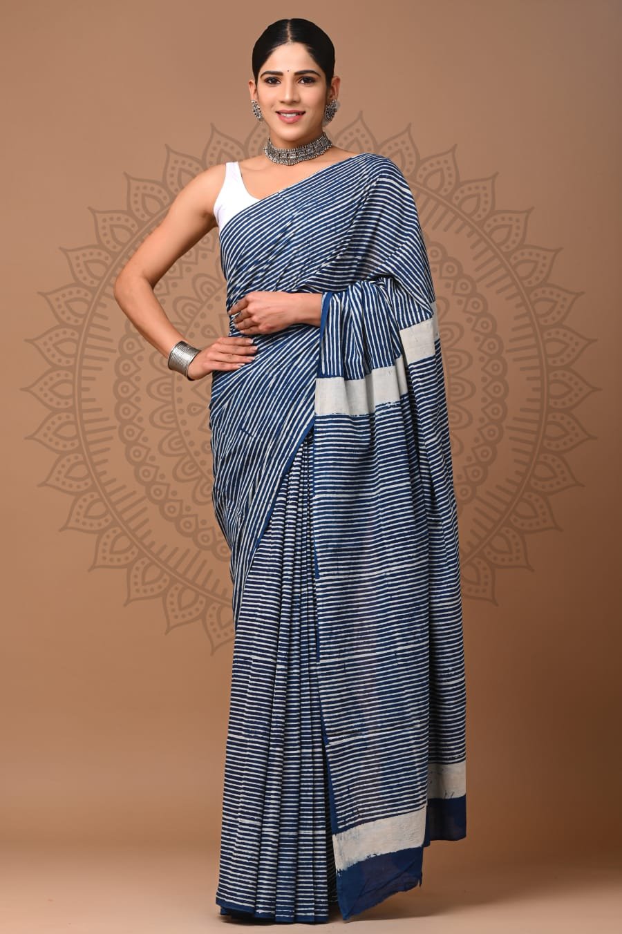 Hand Block Printed Cotton Mul Sarees Indigo Blue image 20
