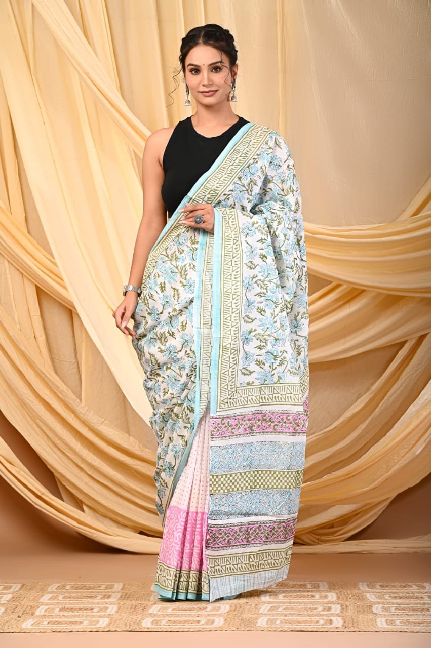 Hand block printed cotton mul Sarees Pastel image 9