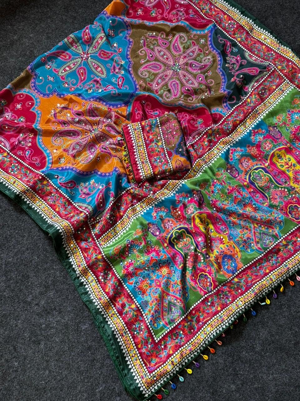 1 Roman Silk With Digital Print And All Saree Real Mirror Work image 3