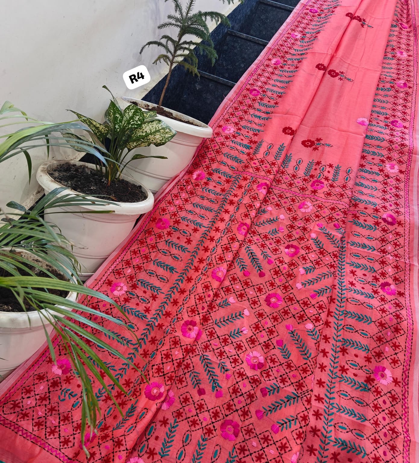 4 Linen Chanderi Saree Fulkari work image 15