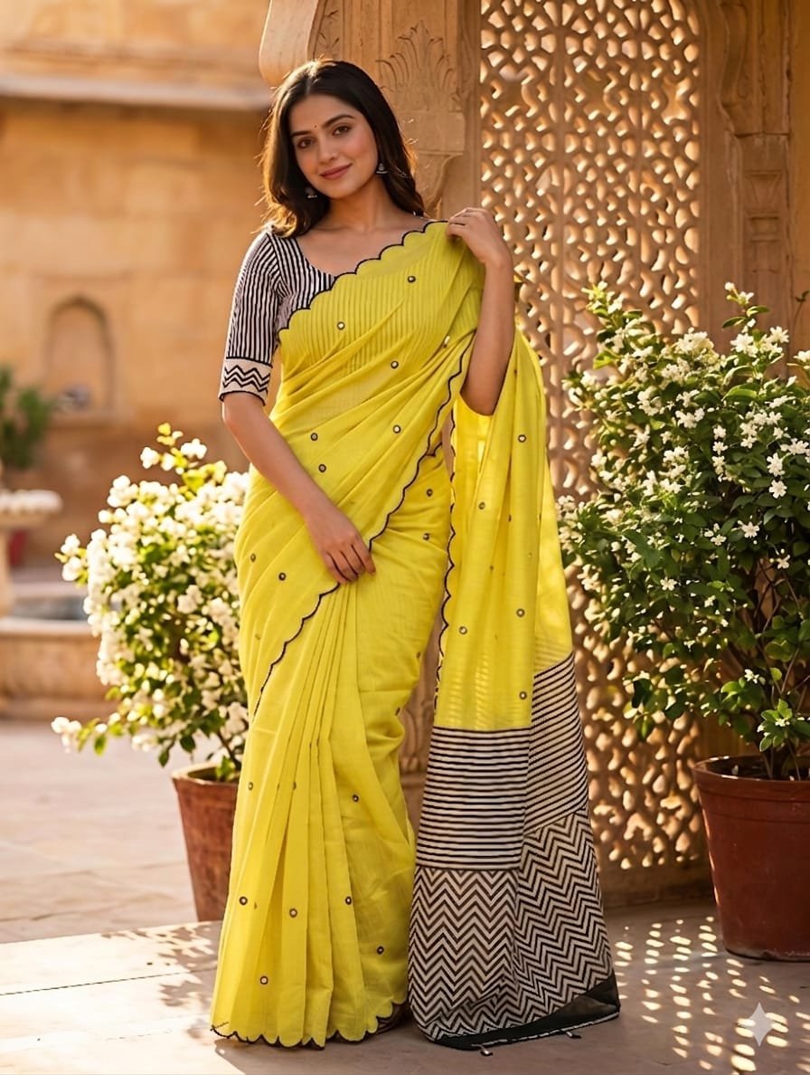 Linen Saree with Striped Pallu and Mirror Work Sarees image 21