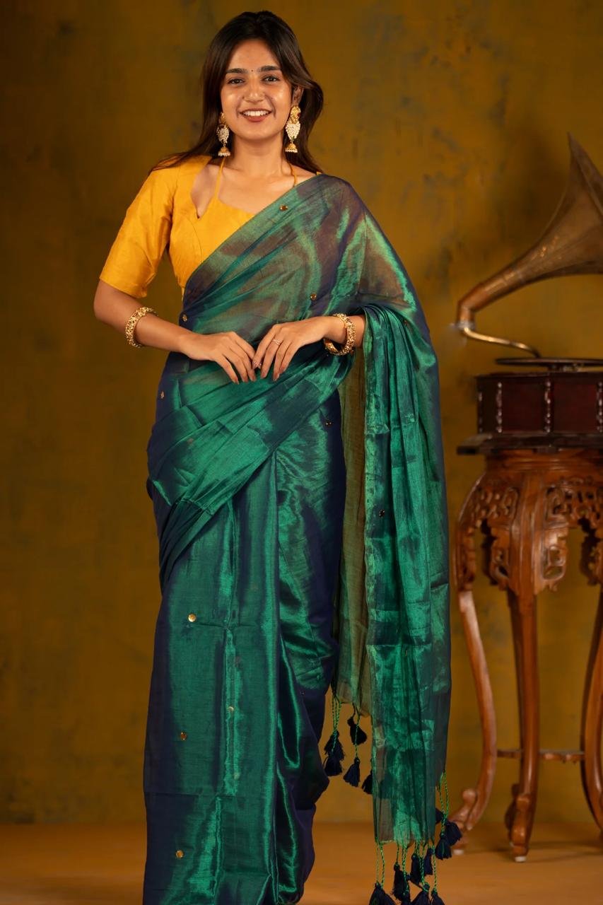 Dual Tone Khadi Tissue Gini work Sarees image 2