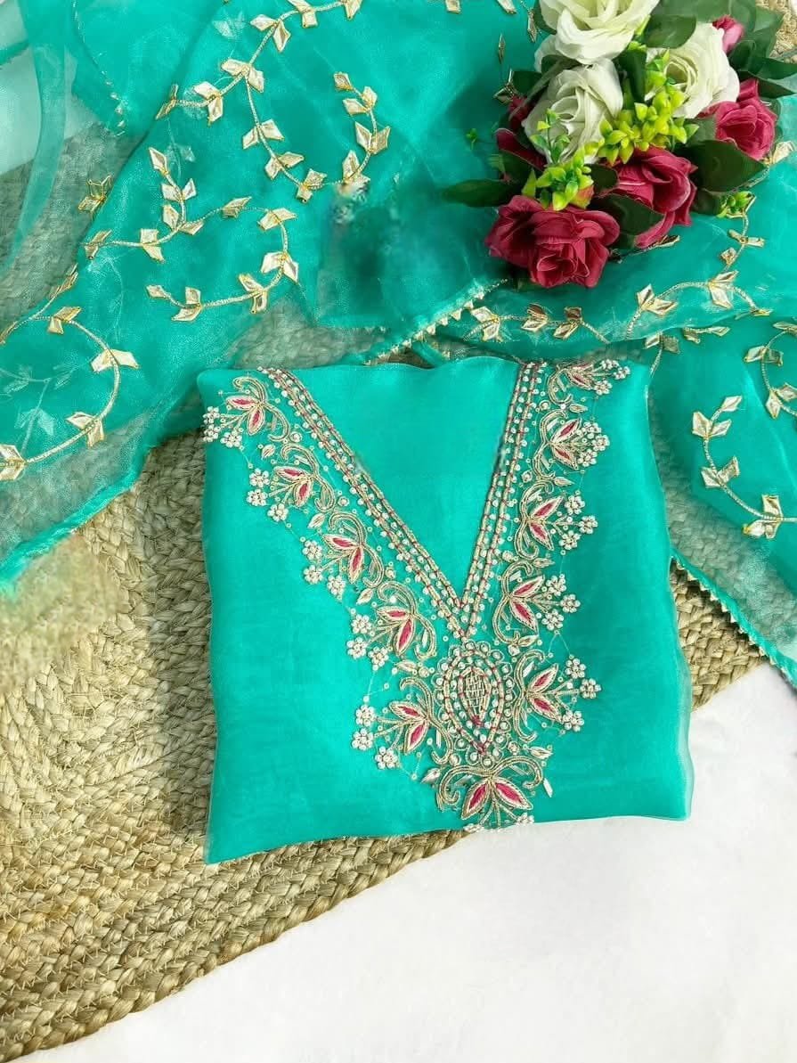 V-Neck Organza with Zardogi Handwork Dress Material image 4