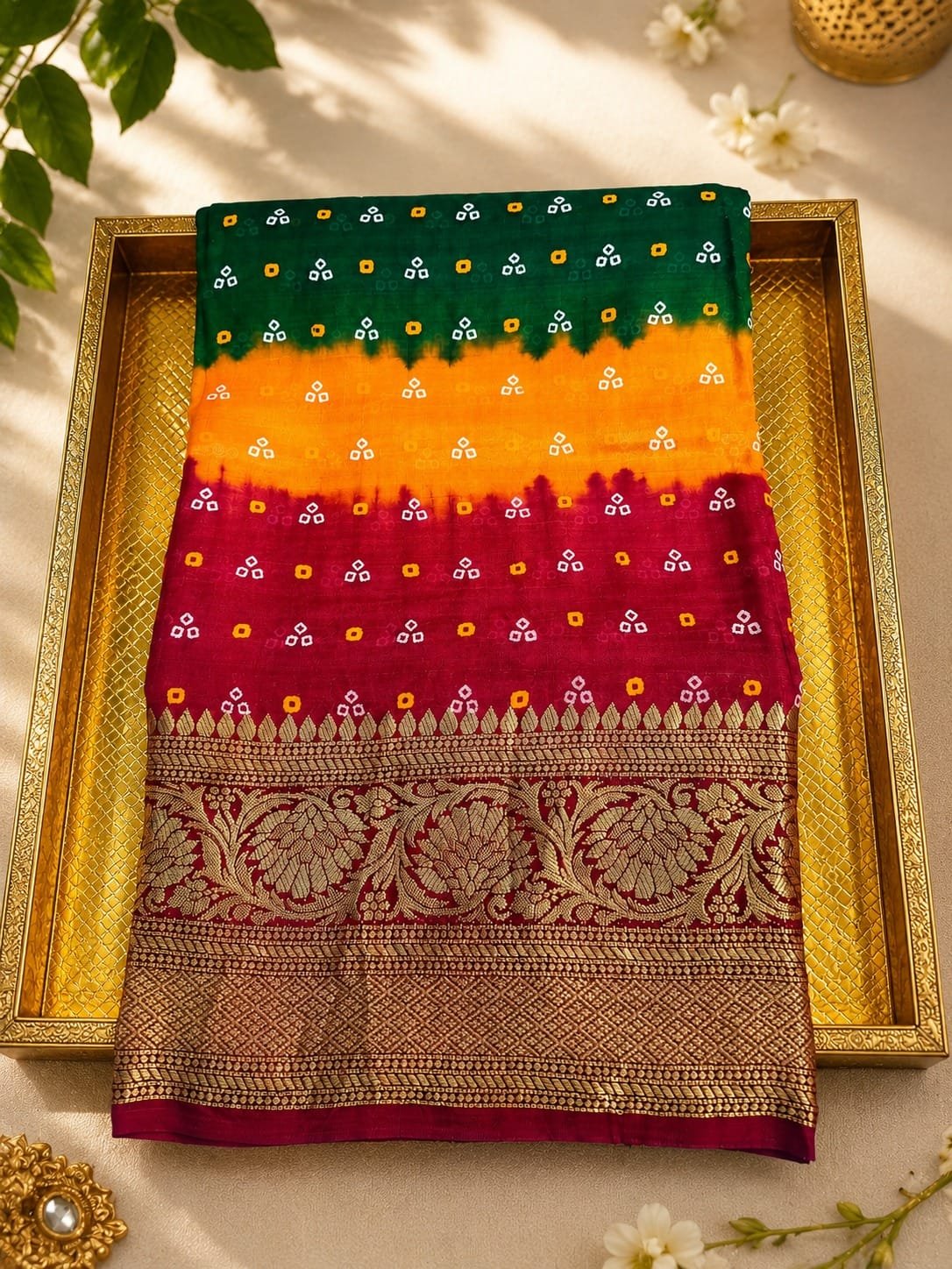New Kanjivaram Bandhani Teen Dani Saree image 3