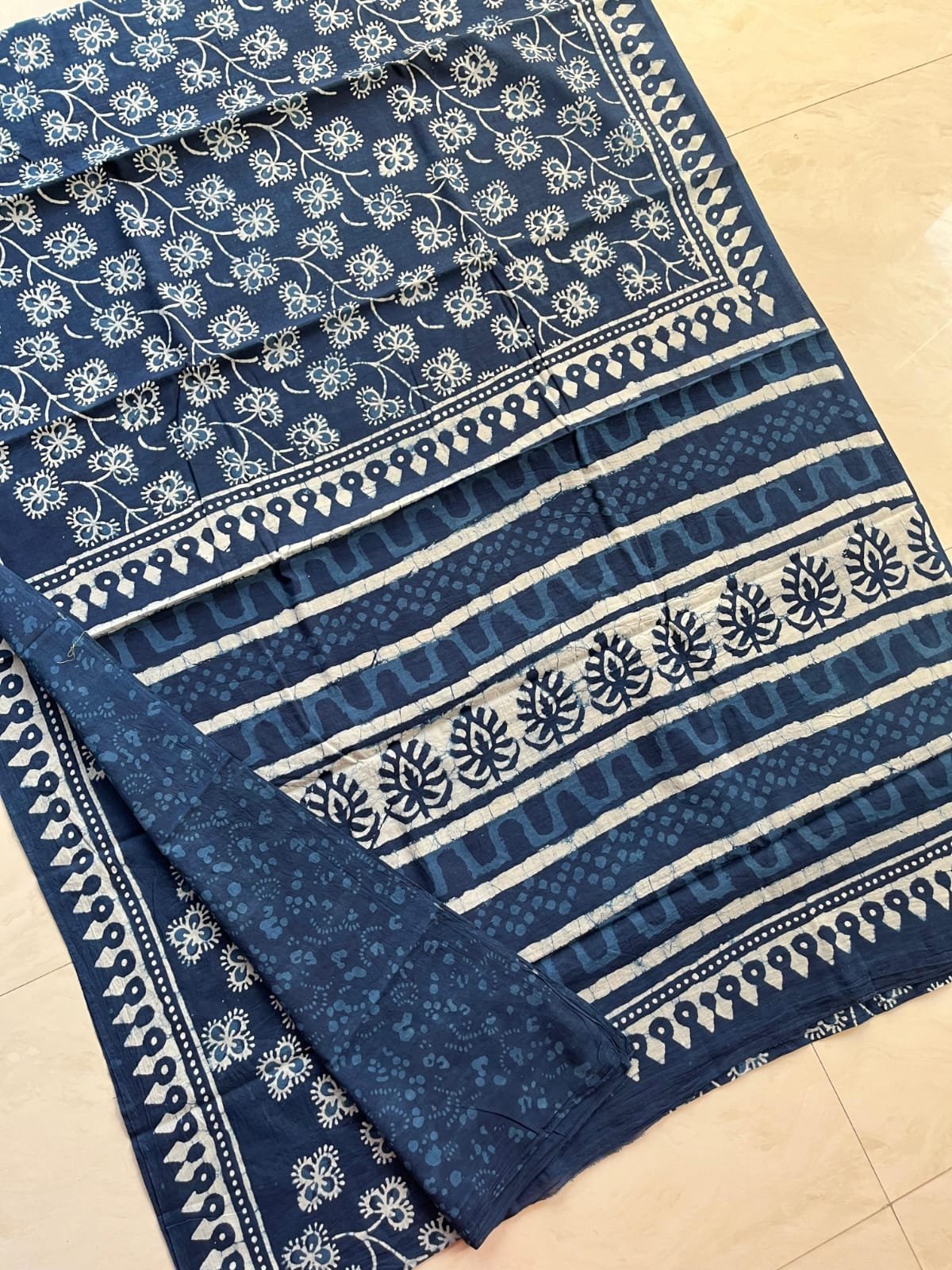 Hand Block Printed Cotton Mul Sarees Indigo Blue image 21