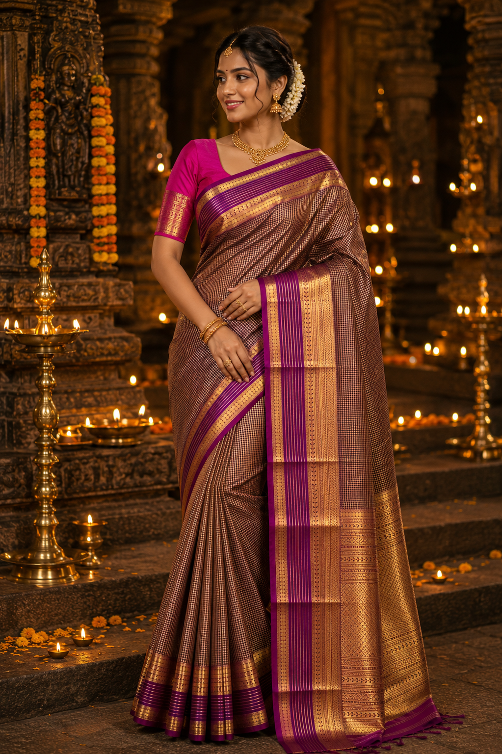 Micro Checks Korvai Kanchi Semi Silk Sarees image 5