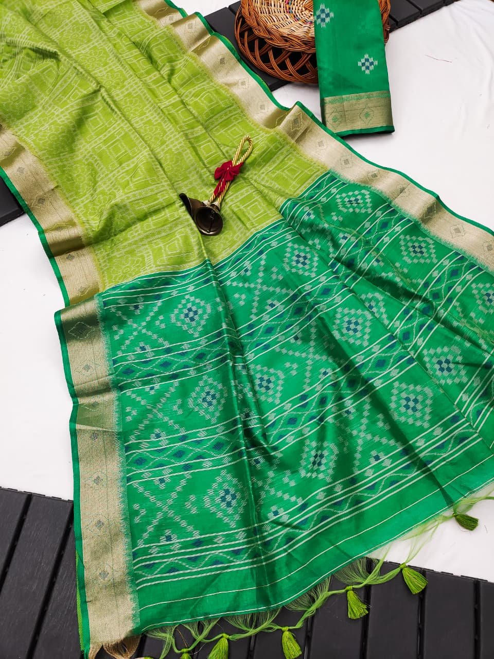 Soft Desi Raw Silk Saree With Ikkat Pallu image 4
