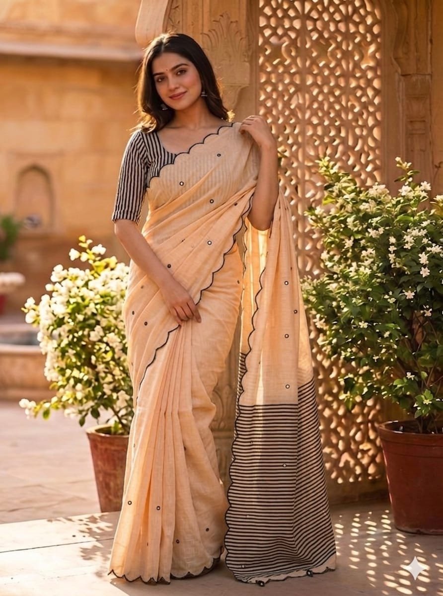 Linen Saree with Striped Pallu and Mirror Work Sarees image 5