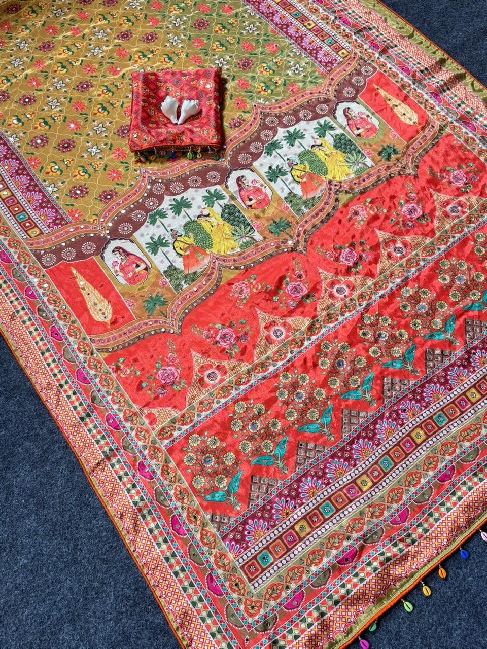 2 Roman Silk With Digital Print And All Saree Real Mirror Work image 2