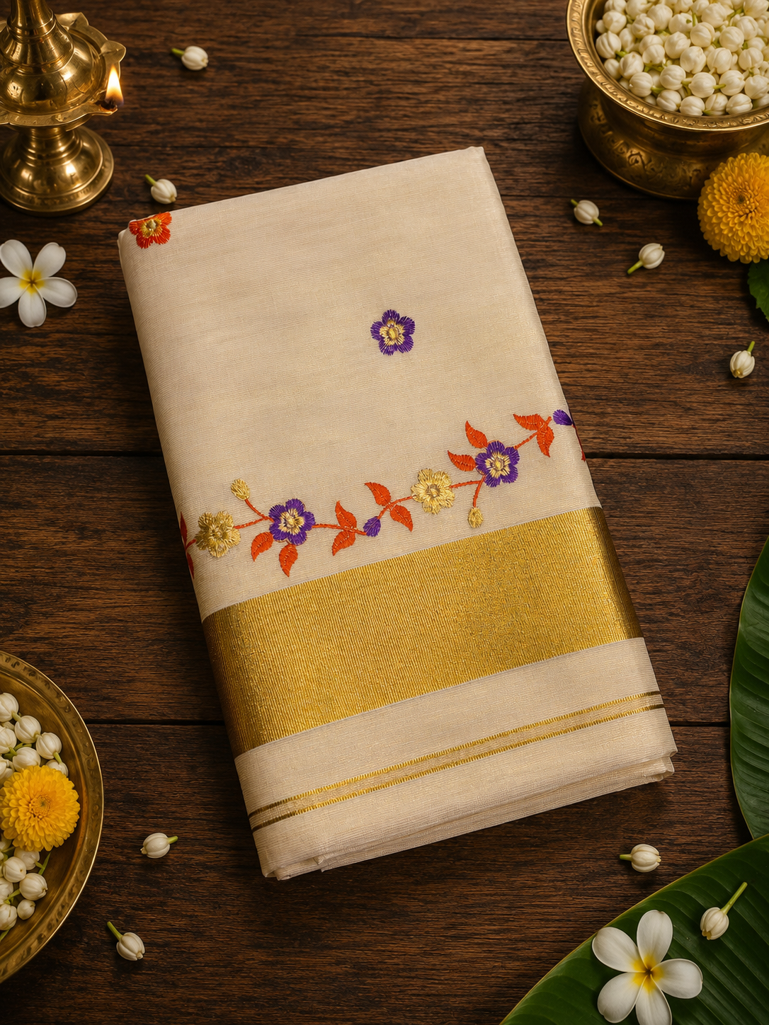 Flower Embroidery Tissue Kasavu Saree