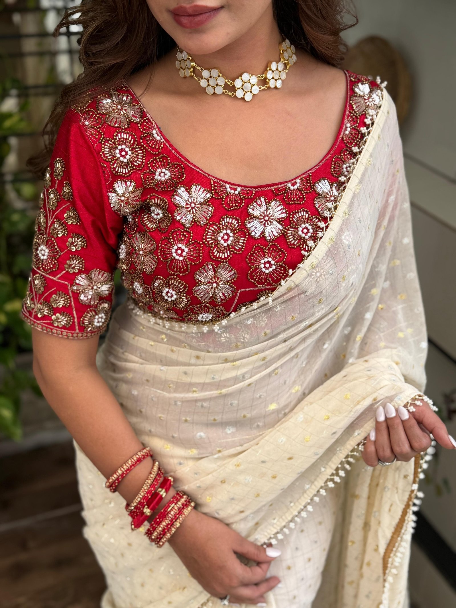 Georgette saree with Gadhwal silk embroidered blouse image 2