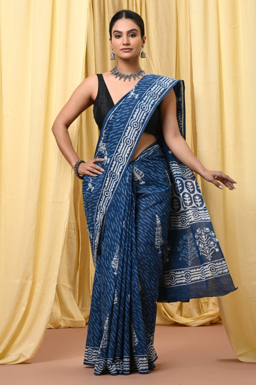 Hand Block Printed Cotton Mul Sarees Indigo Blue image 3